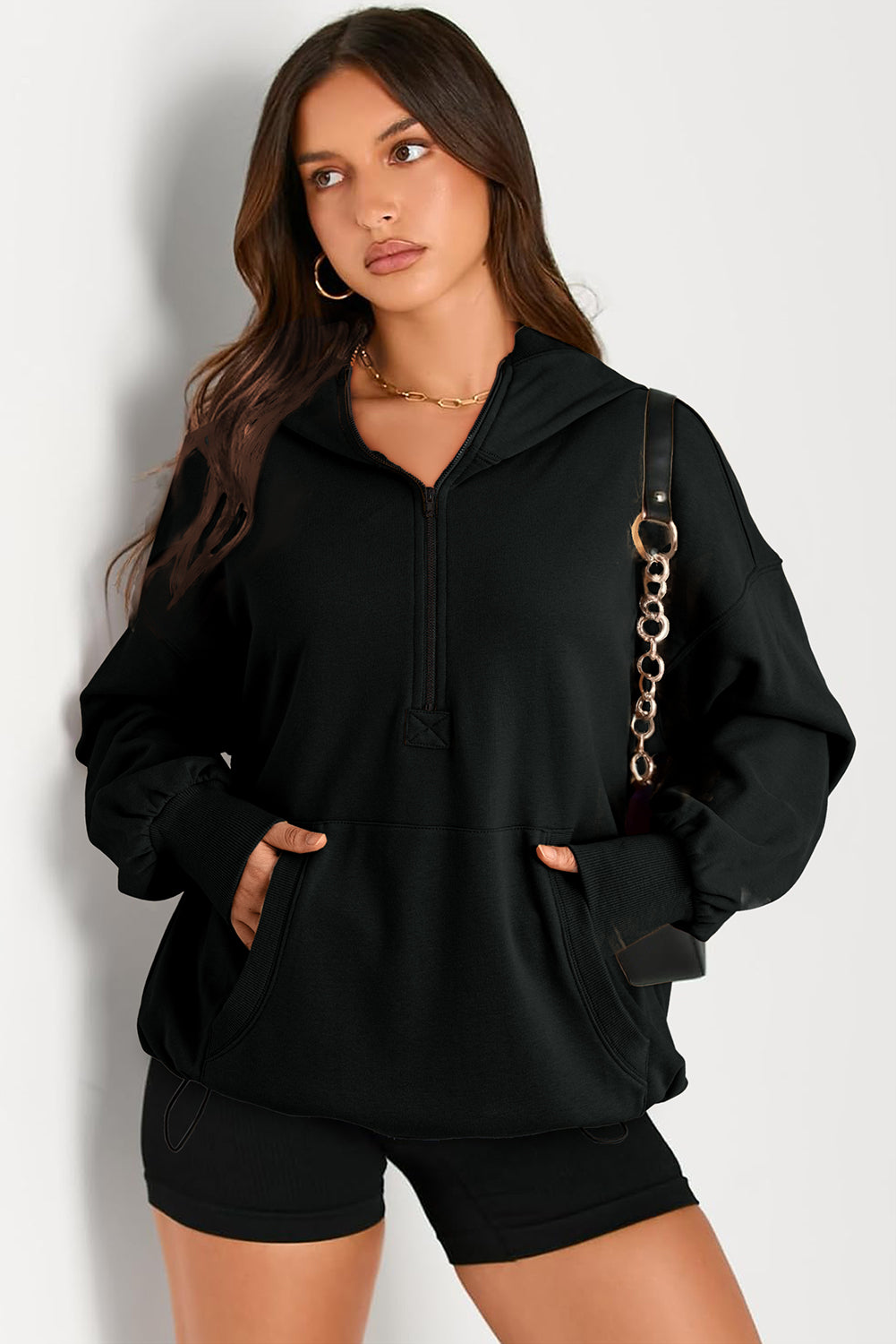 Pocketed Half Zip Long Sleeve Hoodie - Charming Charlie