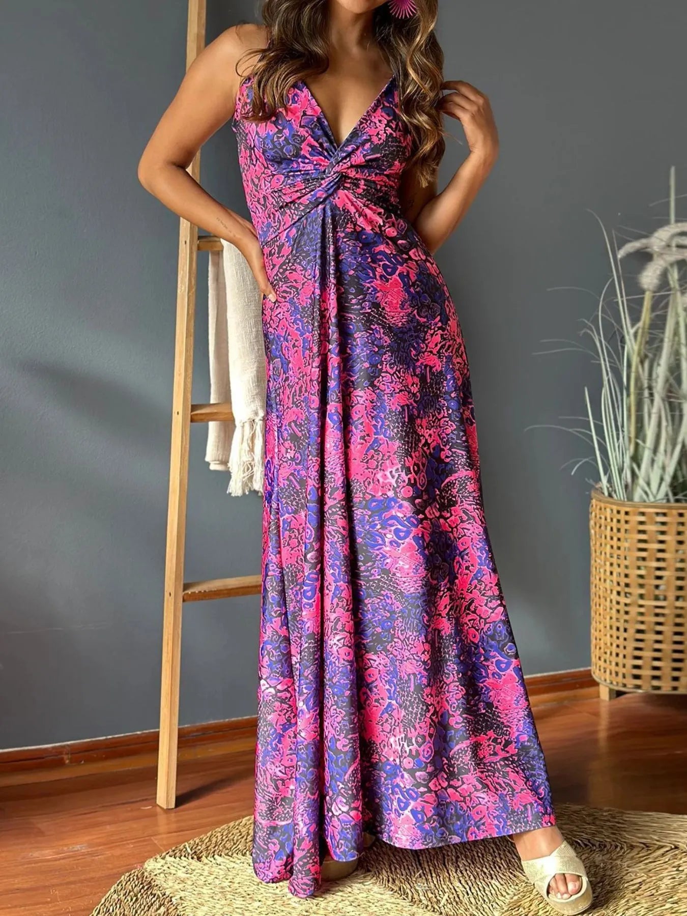 Tropical Print V-Neck Maxi Dress Blue / S