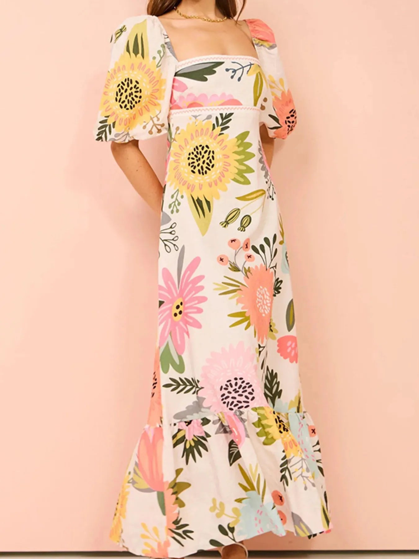 Floral Square Neck Puff Sleeve Maxi Dress with Ruffle Hem Blue / L