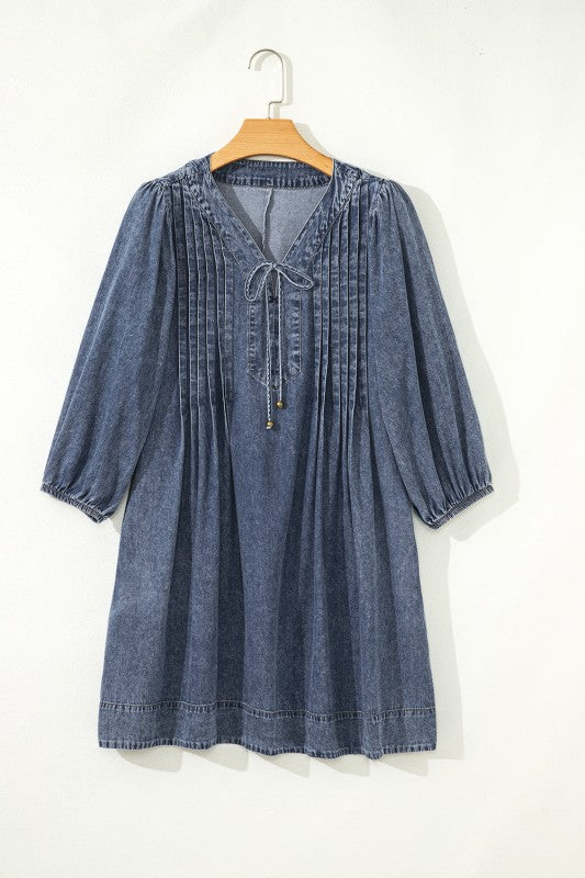 Denim 3/4 Sleeve Tied V-Neck Pleated Mini Dress Sail Blue / L