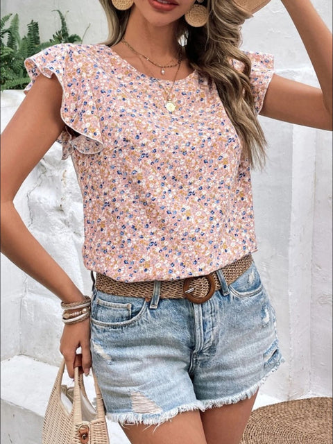 Double Take Full Size Ruffled Flower Round Neck Cap Sleeve Sweater