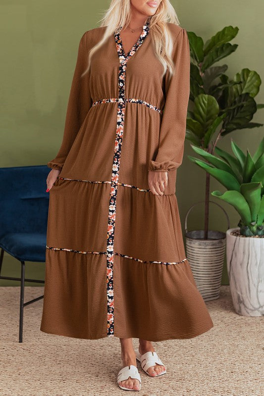knee length dresses for ladies Fate Tiered Maxi Dress with Tie Straps – Yellow Multi Floral Patchwork main image 1