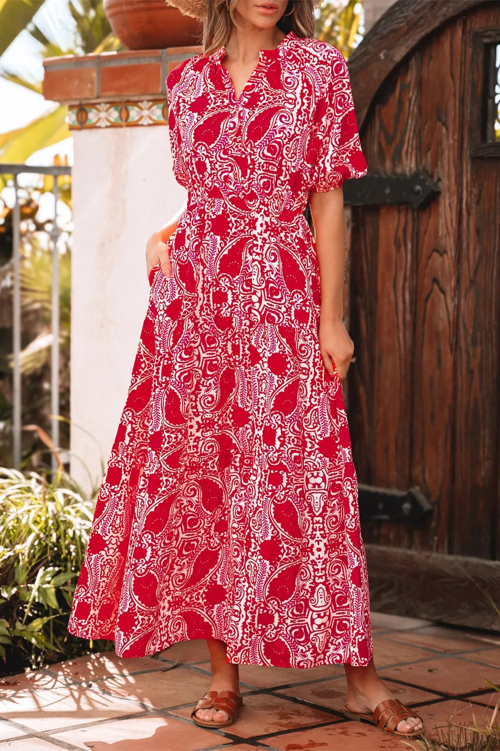 Wholesale MOQ6 Paisley Print Side Slit Puff Sleeve High Waist Maxi Dress