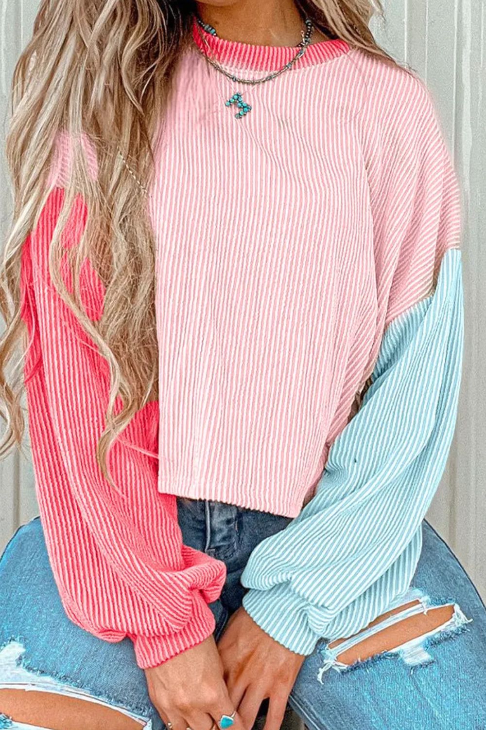 Color Block Round Neck Long Sleeve Top - Charming Charlie