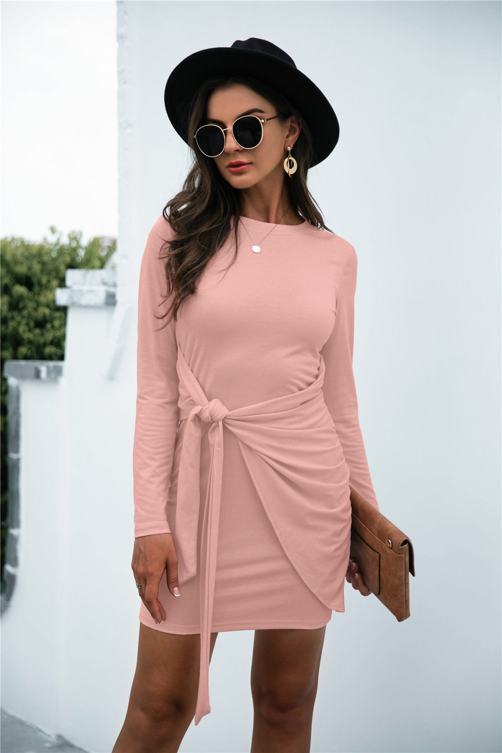 Tied Round Neck Long Sleeve Mini Dress - Charming Charlie