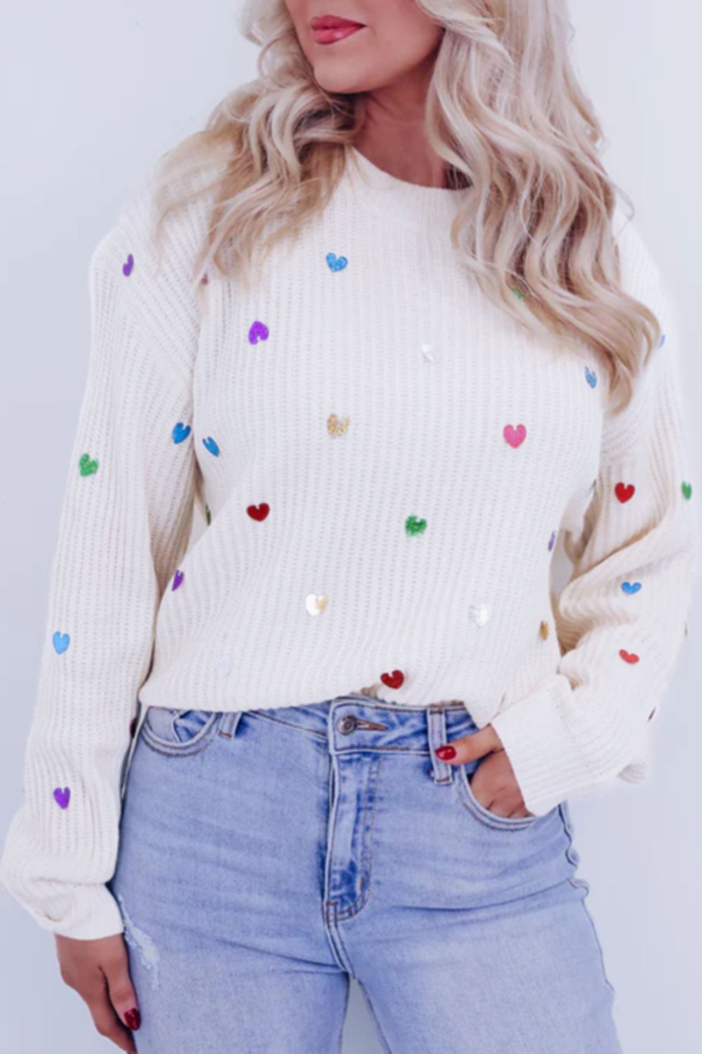 Heart Sequin Round Neck Long Sleeve Sweater - Charming Charlie