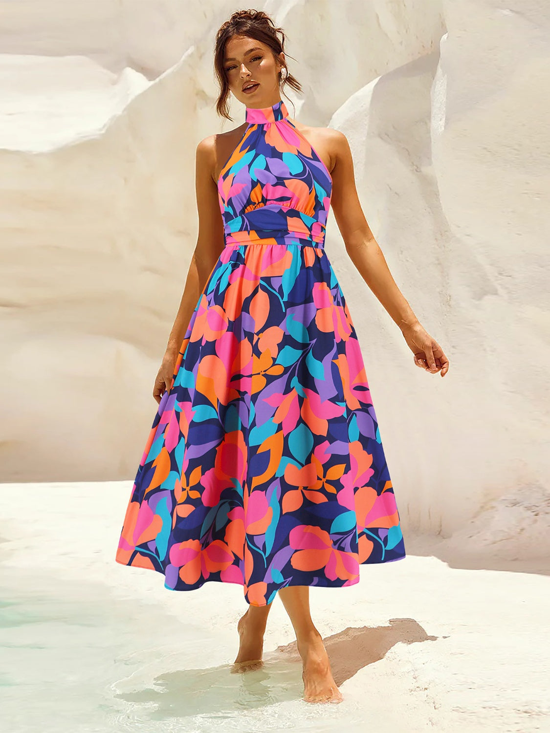 Ruched Printed Halter Neck Sleeveless Dress – Charming Charlie
