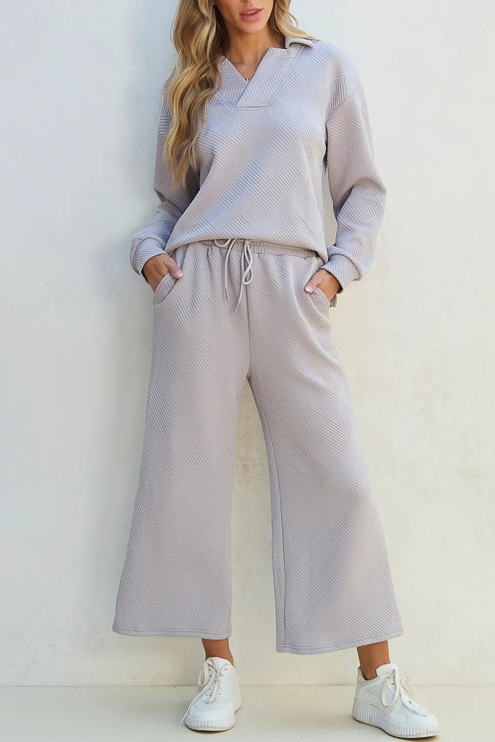 Side Slit Textured Top and Drawstring Pants Set