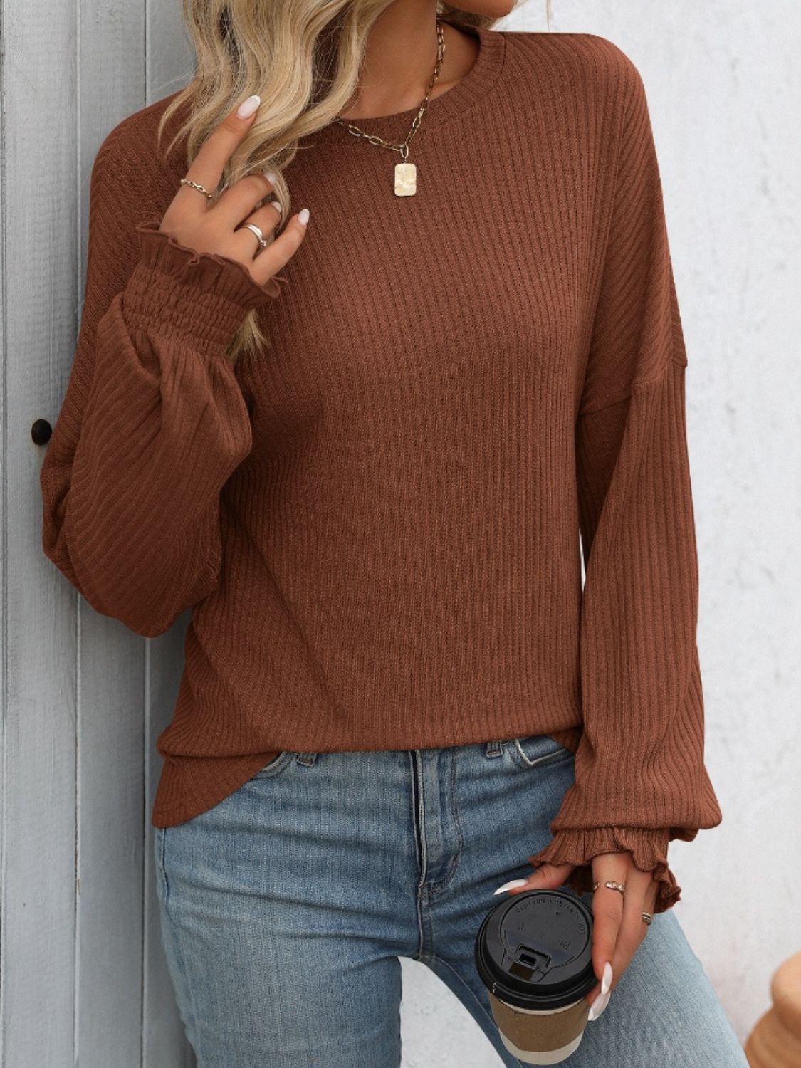 Ribbed Round Neck Long Sleeve T-Shirt - Charming Charlie