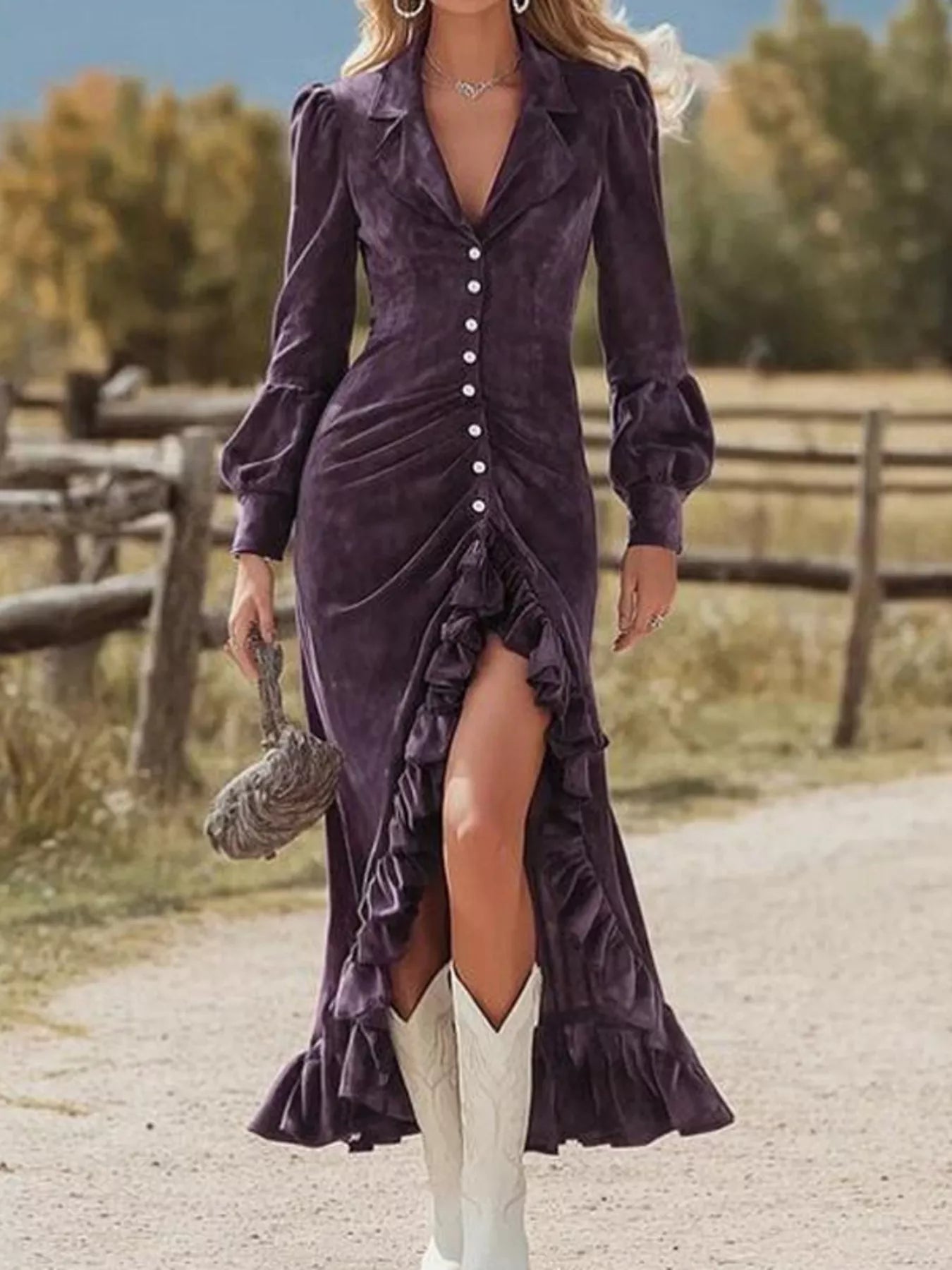 Velvet Ruffle Slit Midi Dress Purple / S Velvet Ruffle Slit Midi Dress Purple / S