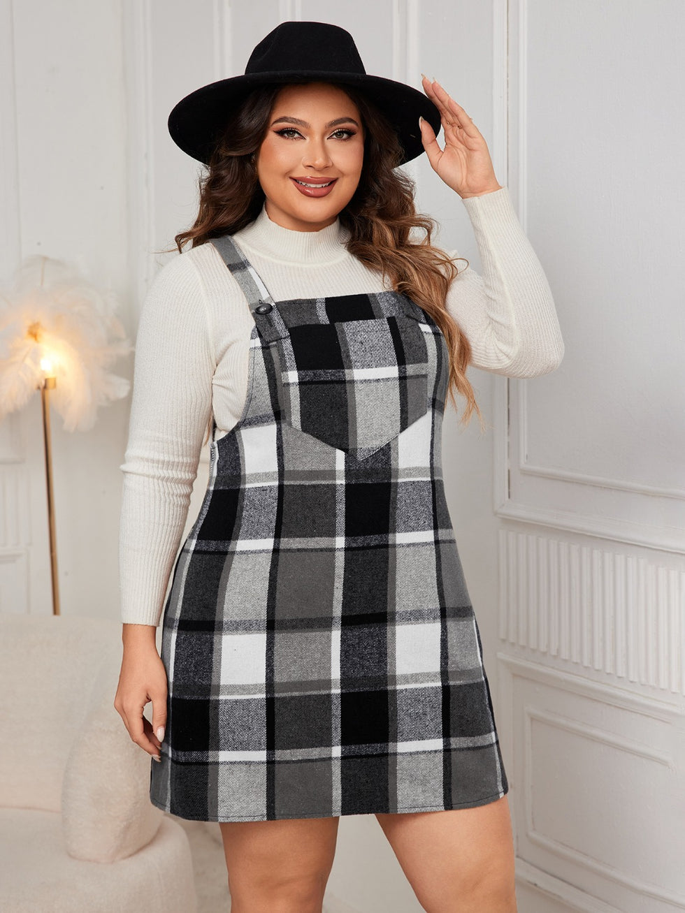 Plus Size Plaid Wide Strap Overall Dress – Charming Charlie