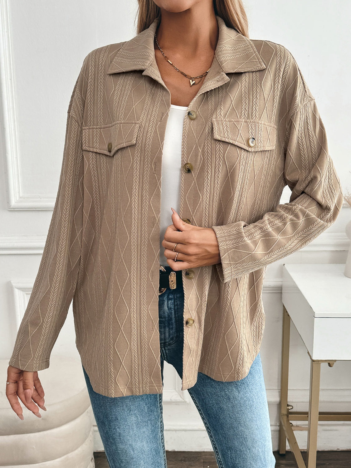 Textured Collared Neck Button Down Shacket - Charming Charlie