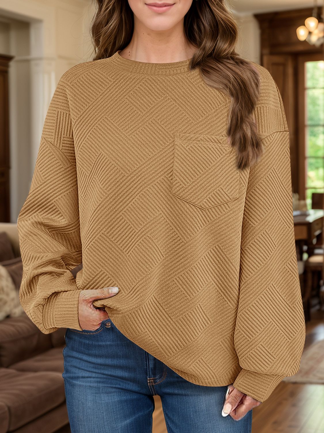 Full Size Texture Round Neck Long Sleeve Sweatshirt - Charming Charlie