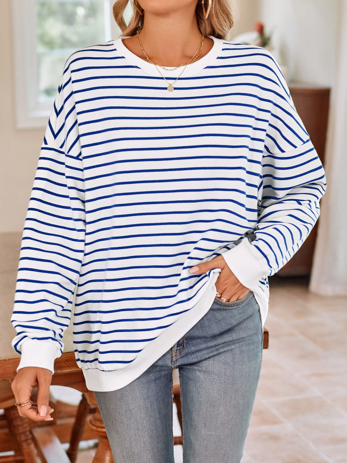 Striped Round Neck Long Sleeve Sweatshirt - Charming Charlie