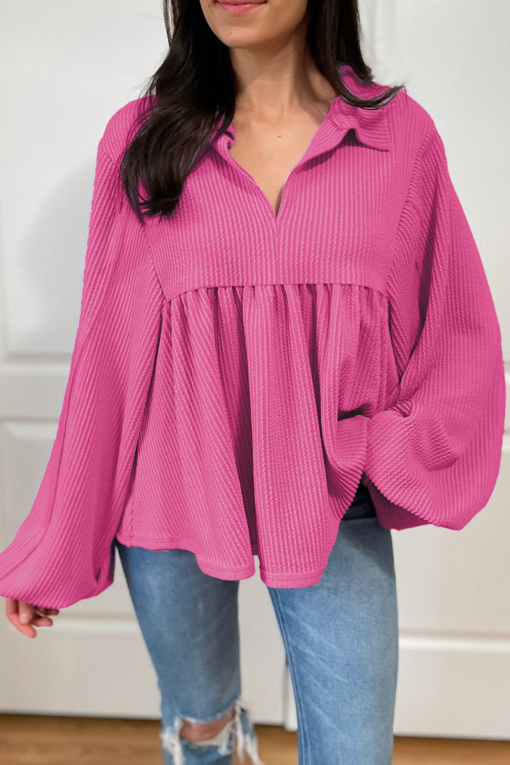 Corded Johnny Collar Long Sleeve Babydoll Blouse - Charming Charlie