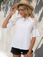 Lace Detail Tie Neck Half Sleeve Blouse - Charming Charlie