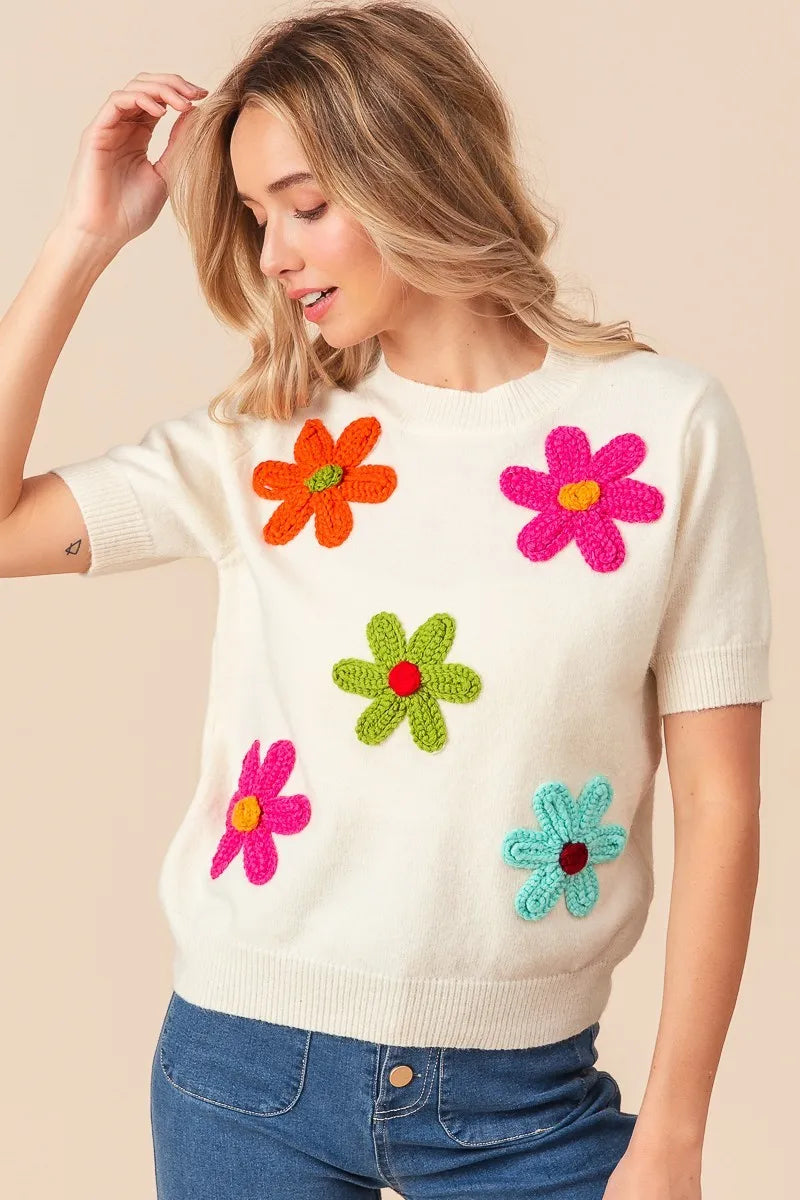 BiBi Crochet Flower Patch Sweater Top – Charming Charlie