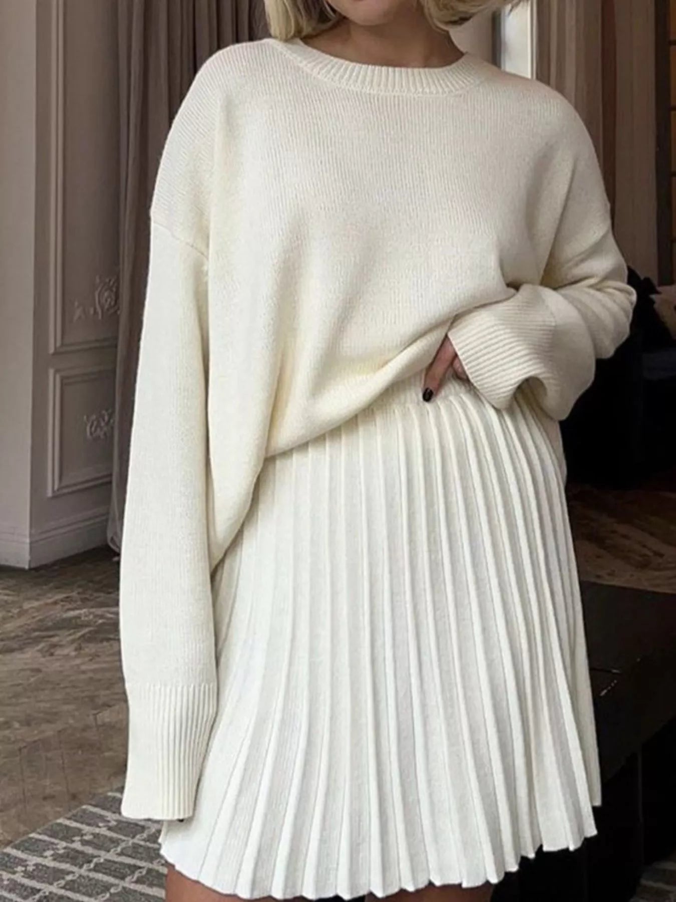 Round Neck Top and Pleated Skirt Sweater Set – Charming Charlie