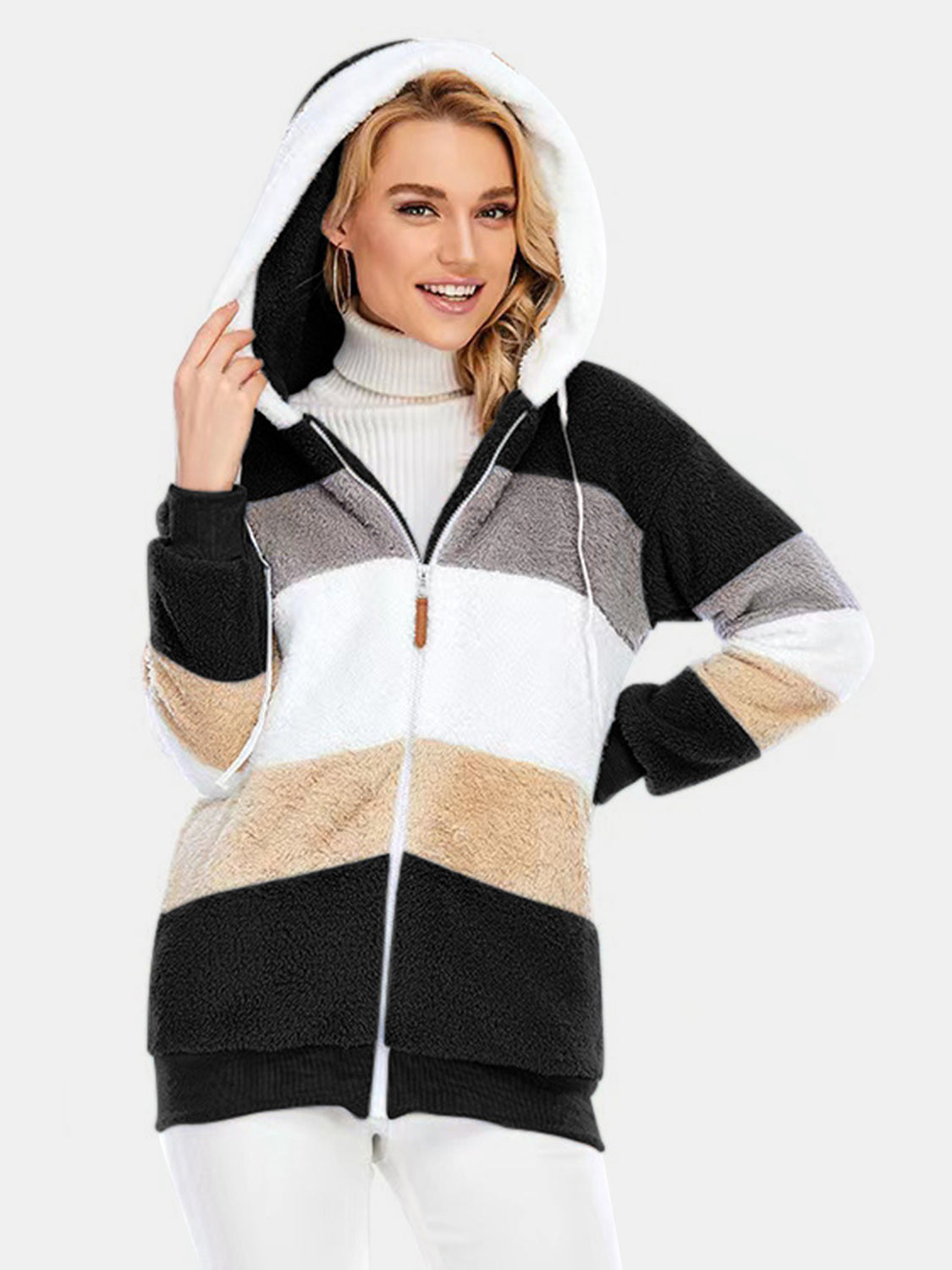 Full Size Drawstring Color Block Zip Up Hooded Outerwear - Charming Charlie