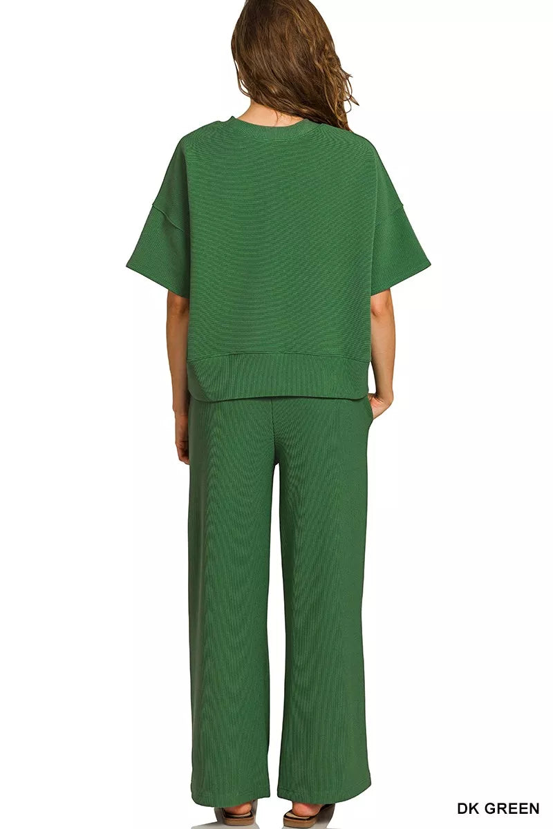 Zenana Ribbed Round Neck Tee & Pants Set – Charming Charlie