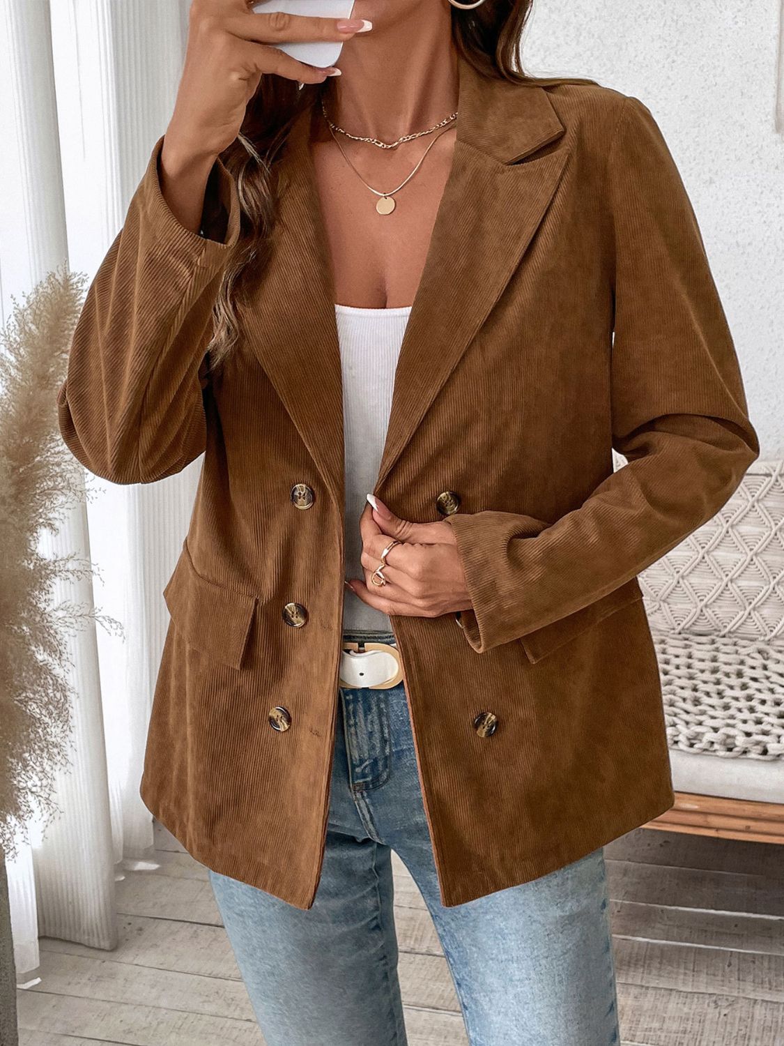 Perfee Decorative Pocket Flap Lapel Collar Long Sleeve Outerwear - Charming Charlie