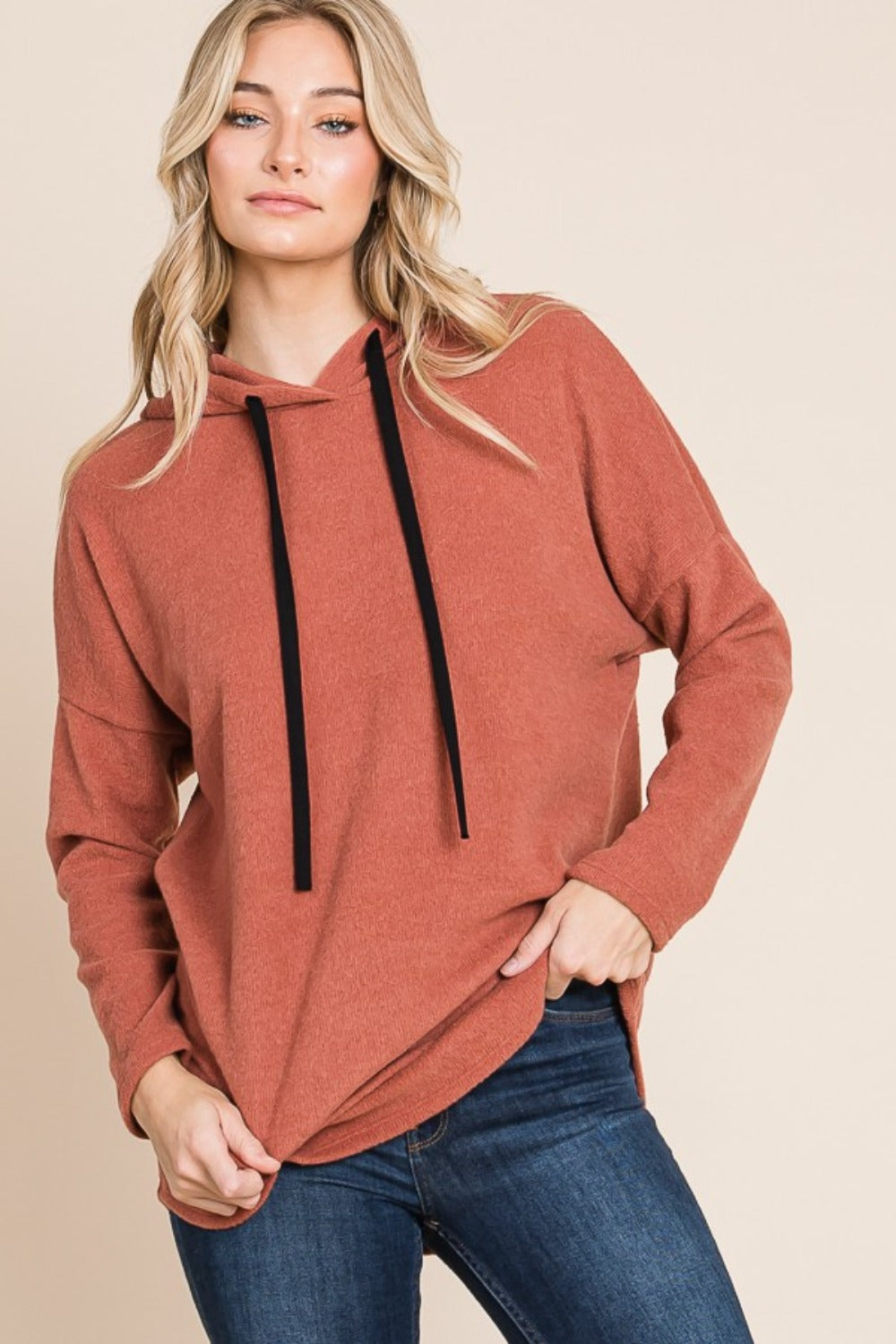 BOMBOM Contrast Drawstring Drop Shoulder Knit Hoodie - Charming Charlie