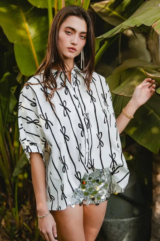 BiBi Bow Ribbon Woven Printed Button Down Shirt – Charming Charlie