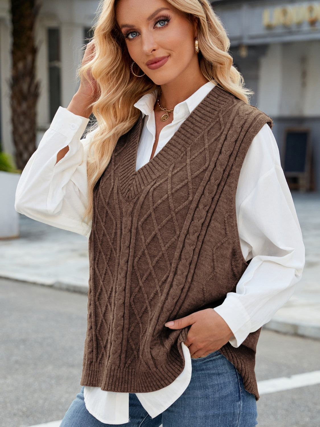 Cable Knit V-Neck Sweater Vest – Charming Charlie
