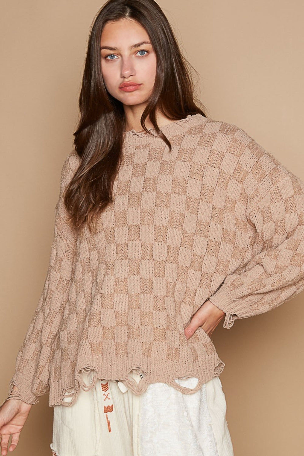 POL Checkered Distressed Edge Sweater - Charming Charlie