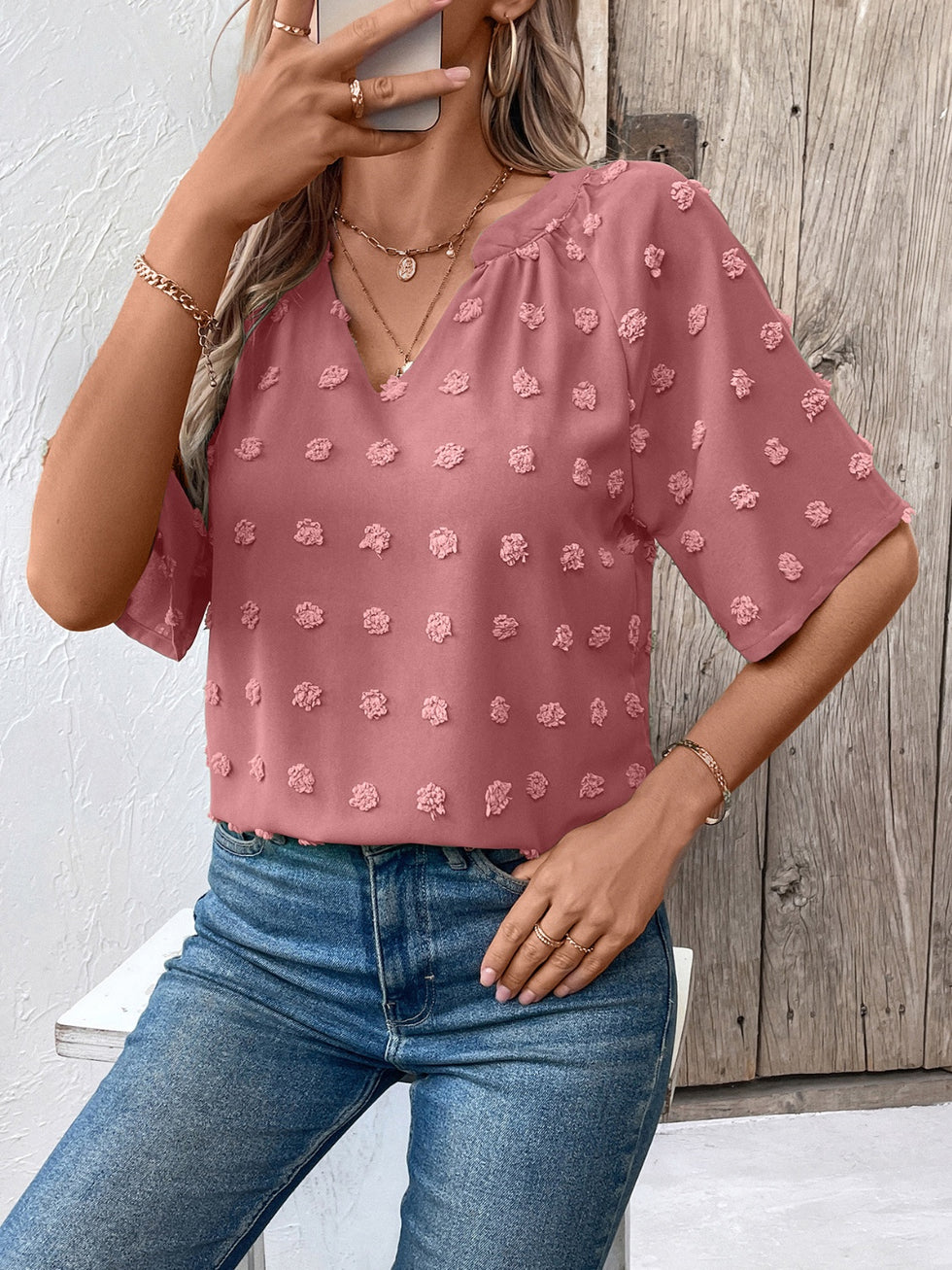 Swiss Dot Notched Half Se Blouse