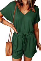 Full Size Drawstring V-Neck Short Sleeve Romper - Charming Charlie