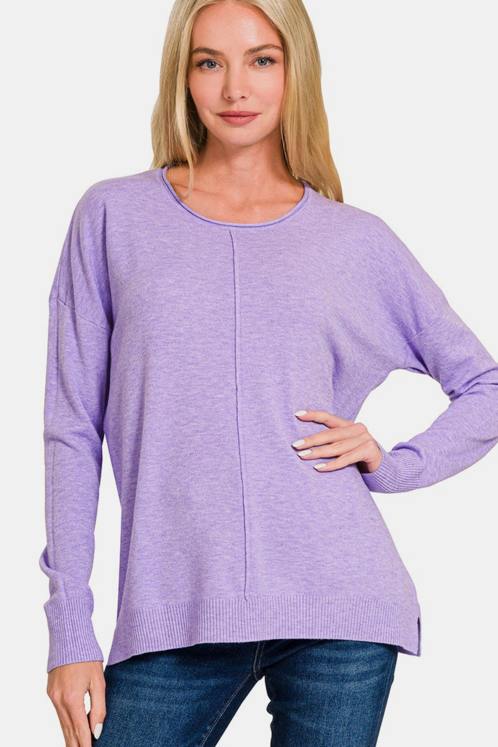 Zenana Front Seam Round Neck Sweater - Charming Charlie