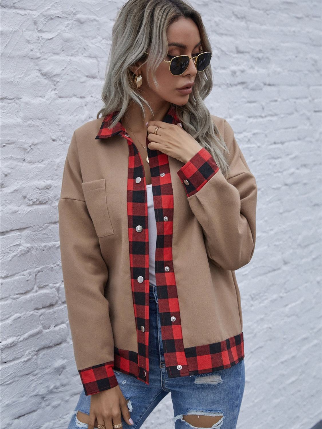 Plaid Trim Long Sleeve Jacket - Charming Charlie