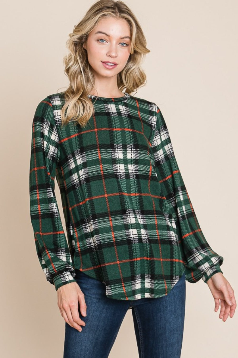 BOMBOM Curved Hem Plaid Round Neck Long Sleeve Top - Charming Charlie