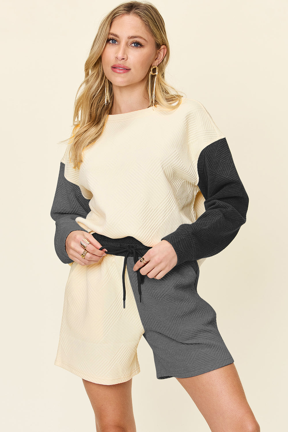 Double Take Full Size Contrast Drop Shoulder Top and Shorts Set - Charming Charlie