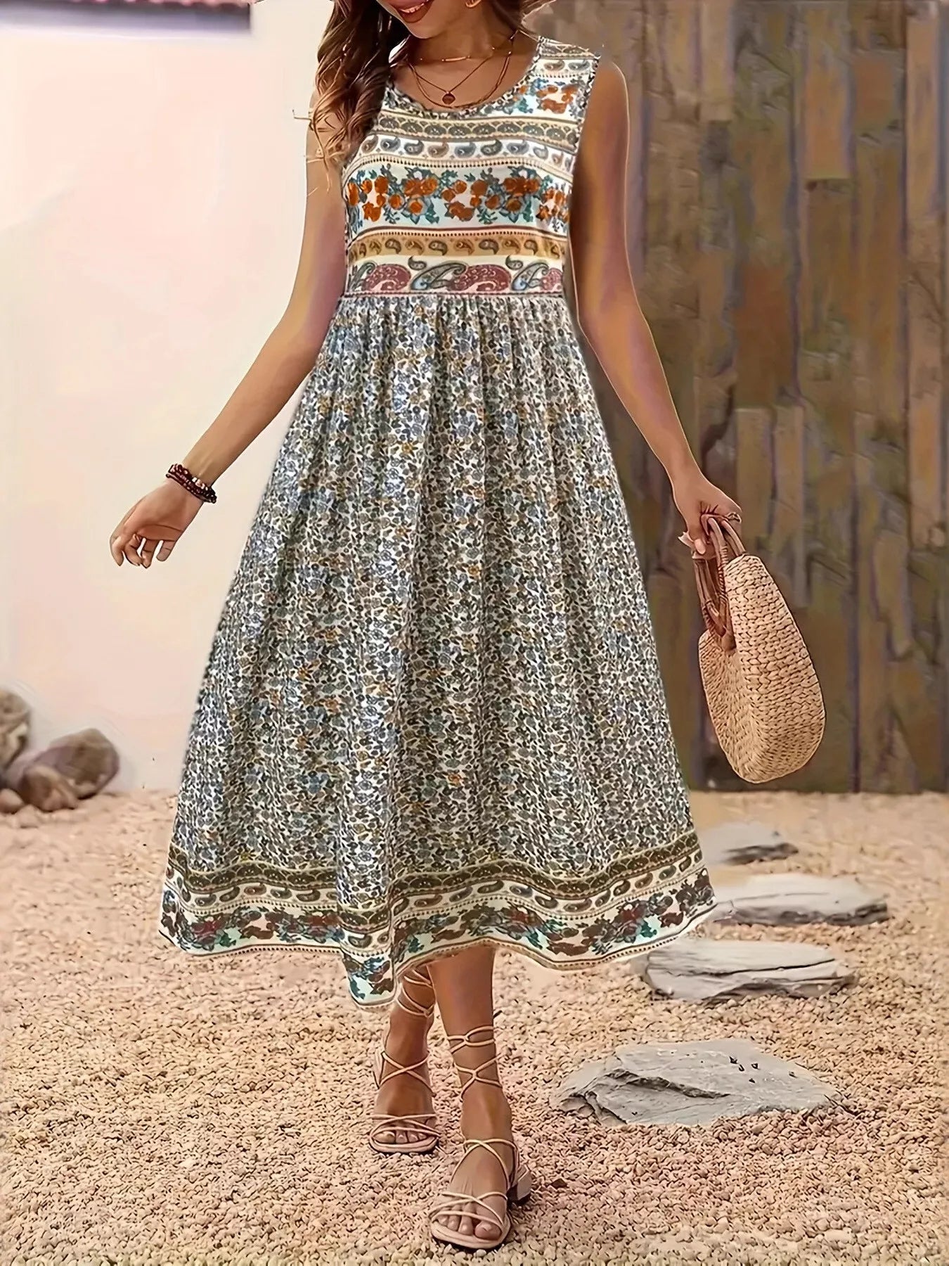 knee length dresses for ladies Plus Size Floral Border Midi Dress – 2020AVE main image 0