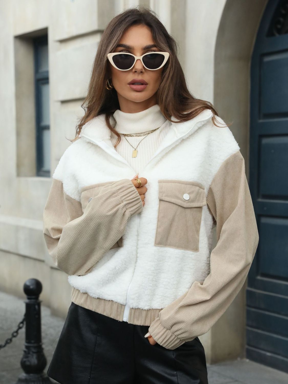 Contrast Zip Up Long Sleeve Jacket - Charming Charlie