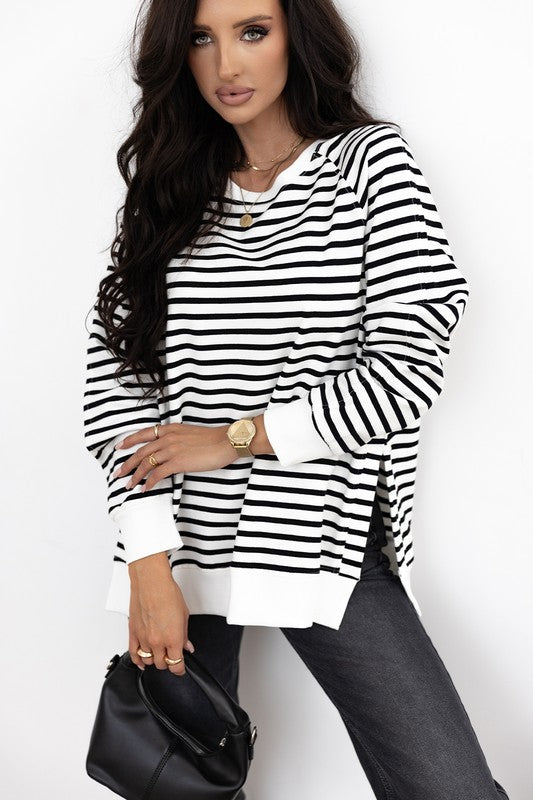 Stripe Raglan Sleeve Side Slits Loose Sweatshirt - Charming Charlie
