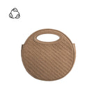 A taupe circle shaped vegan leather crossbody bag with woven pattern.