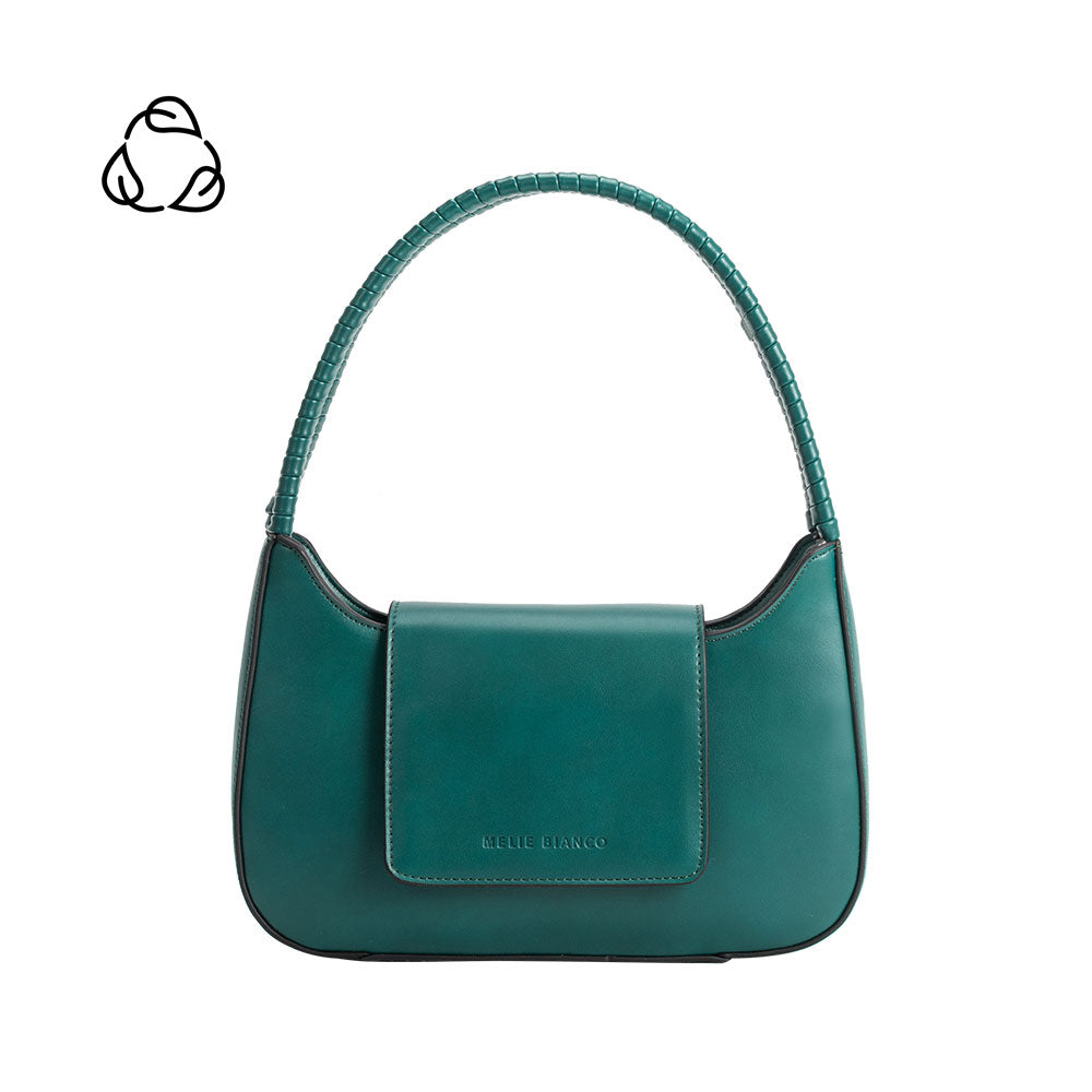 A small jade vegan leather shoulder bag with a wrapped handle. 