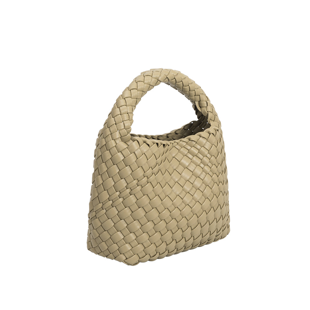 A small moss hand woven vegan leather top handle bag.