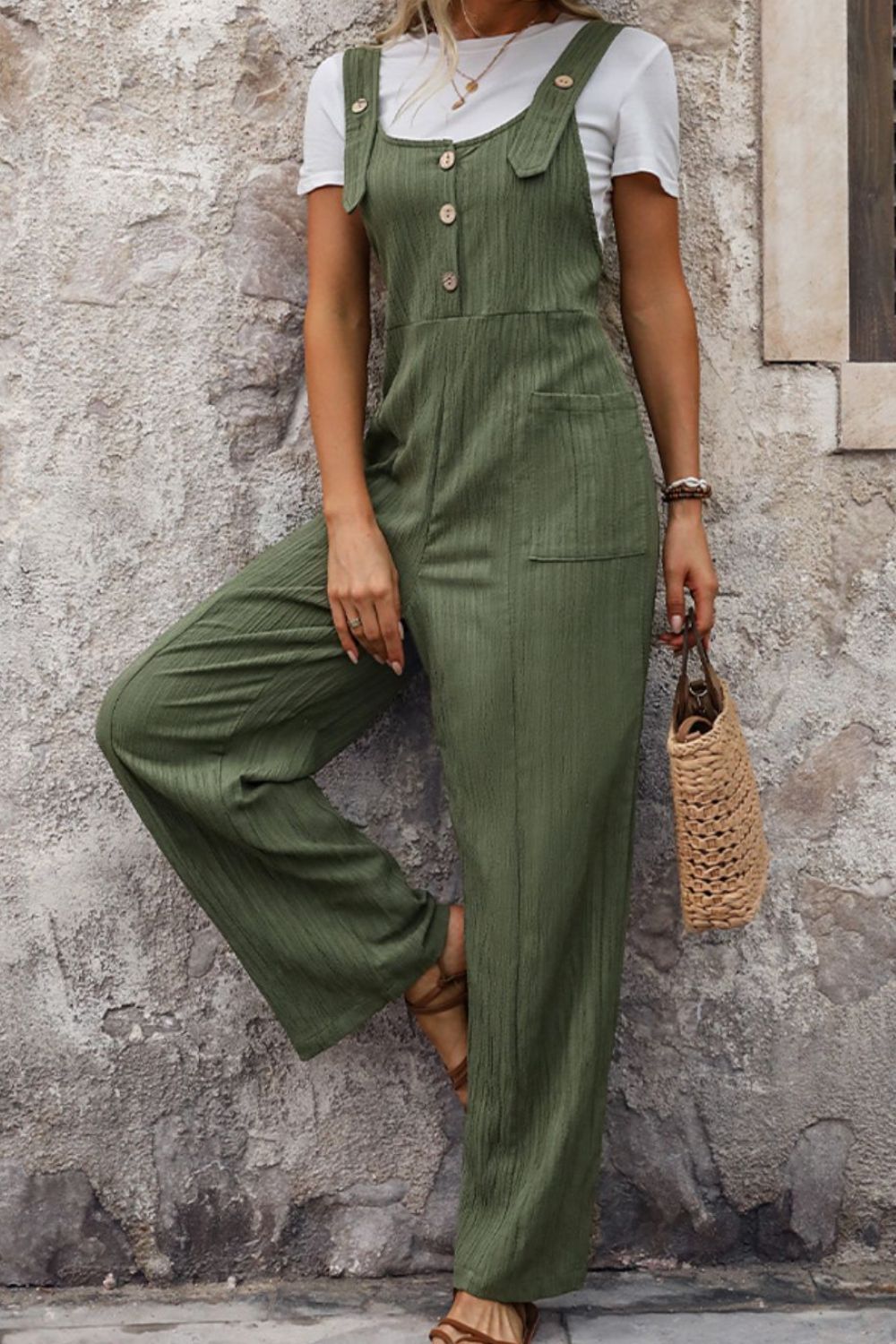 Textured Pocketed Wide Strap Overalls - Charming Charlie