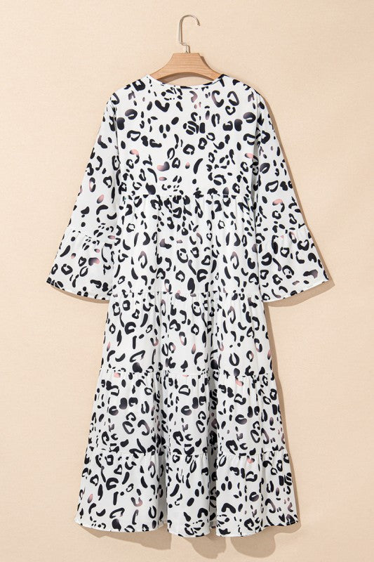 Leopard Print Notch V Neck Loose Fit Maxi Dress White / M