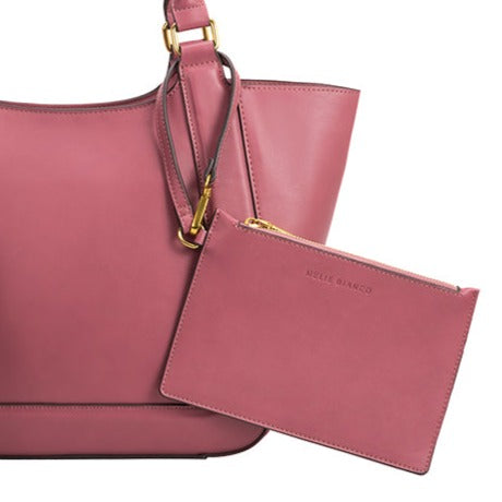 A large mauve recycled vegan leather tote bag with an attached zip pouch.