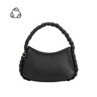 A small black recycled vegan leather shoulder bag with a braided handle. 