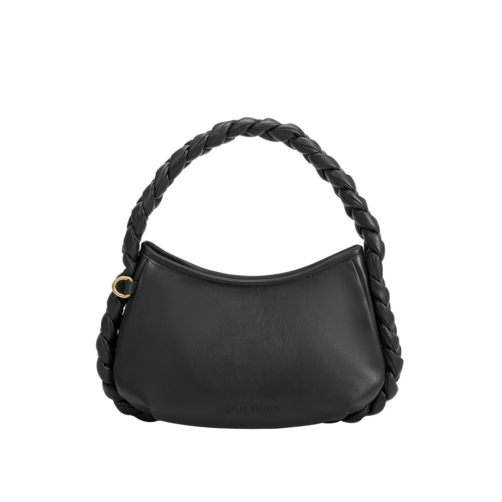 A small black recycled vegan leather shoulder bag with a braided handle. 