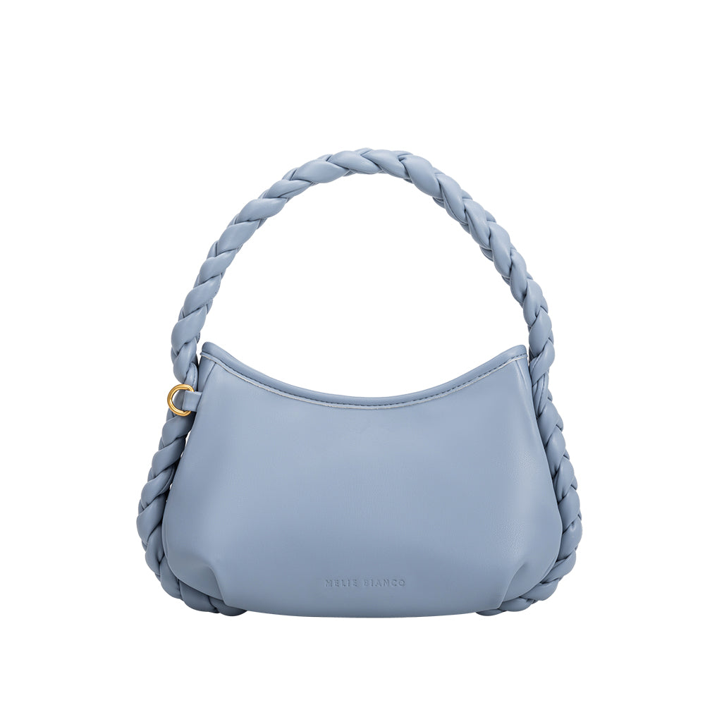 A small blue recycled vegan leather shoulder bag with a braided handle. 