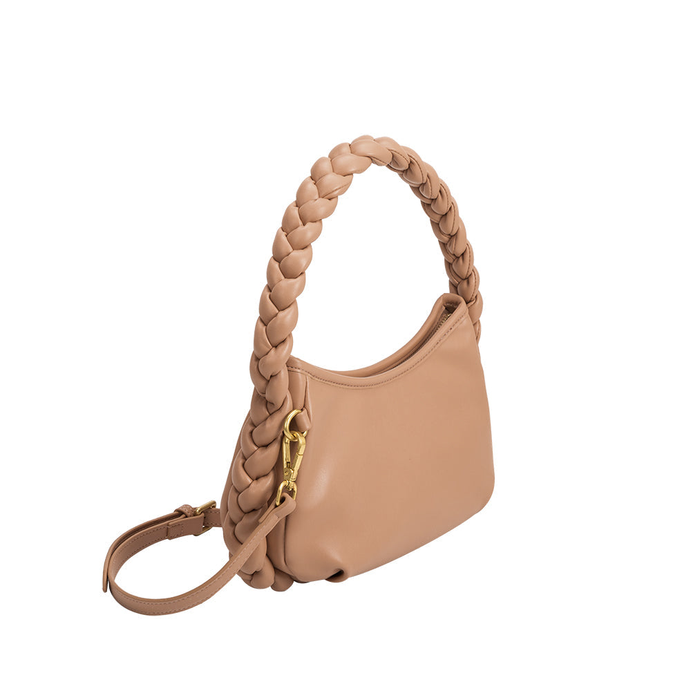 A small tan recycled vegan leather shoulder bag with a braided handle.