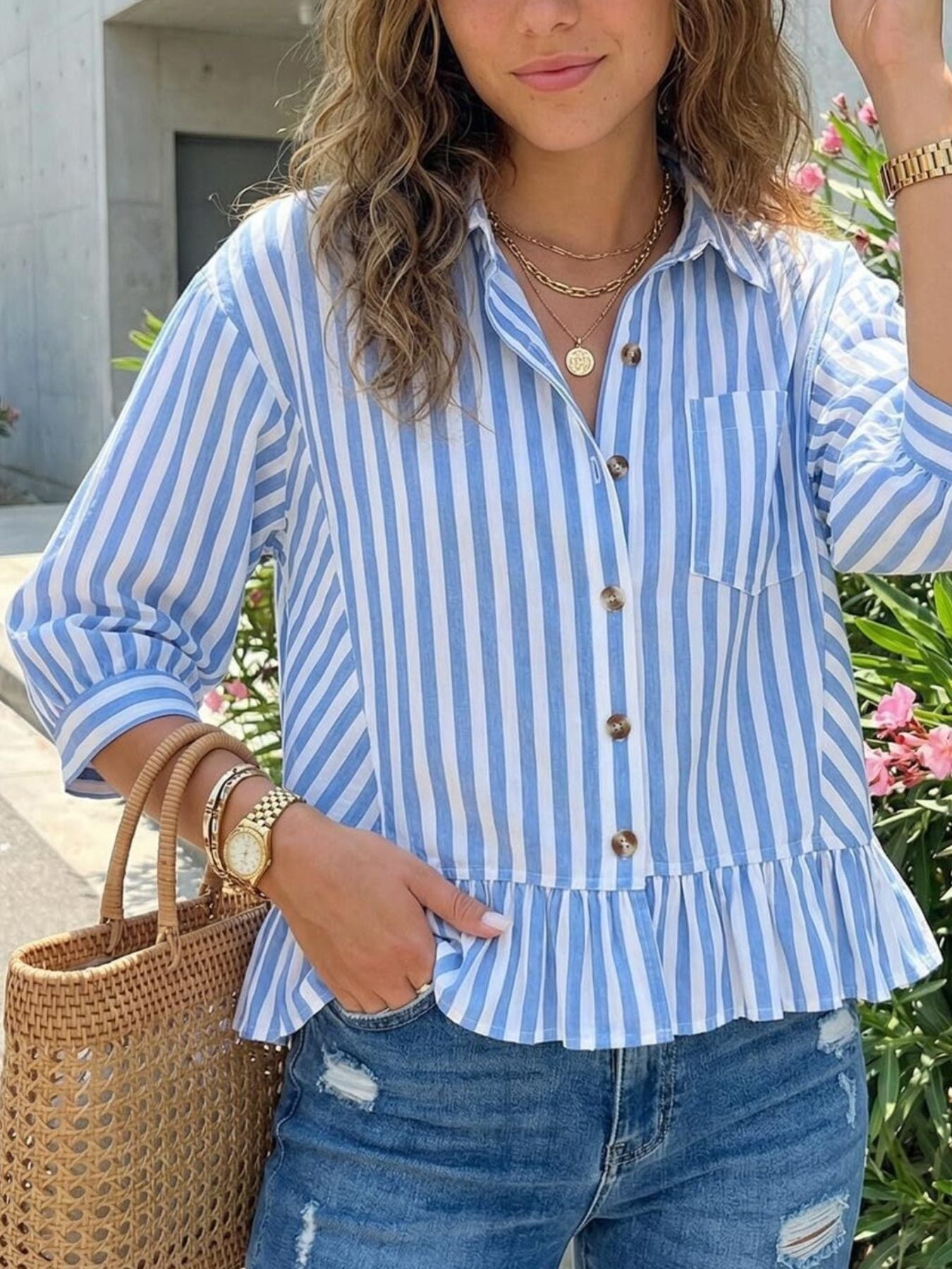 Striped Ruffle Hem Button-Down Shirt Sky Blue / 2XL Striped Ruffle Hem Button-Down Shirt Sky Blue / 2XL