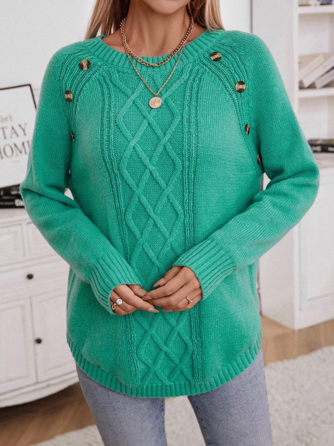 Decorative Button Round Neck Raglan Sleeve Sweater - Charming Charlie